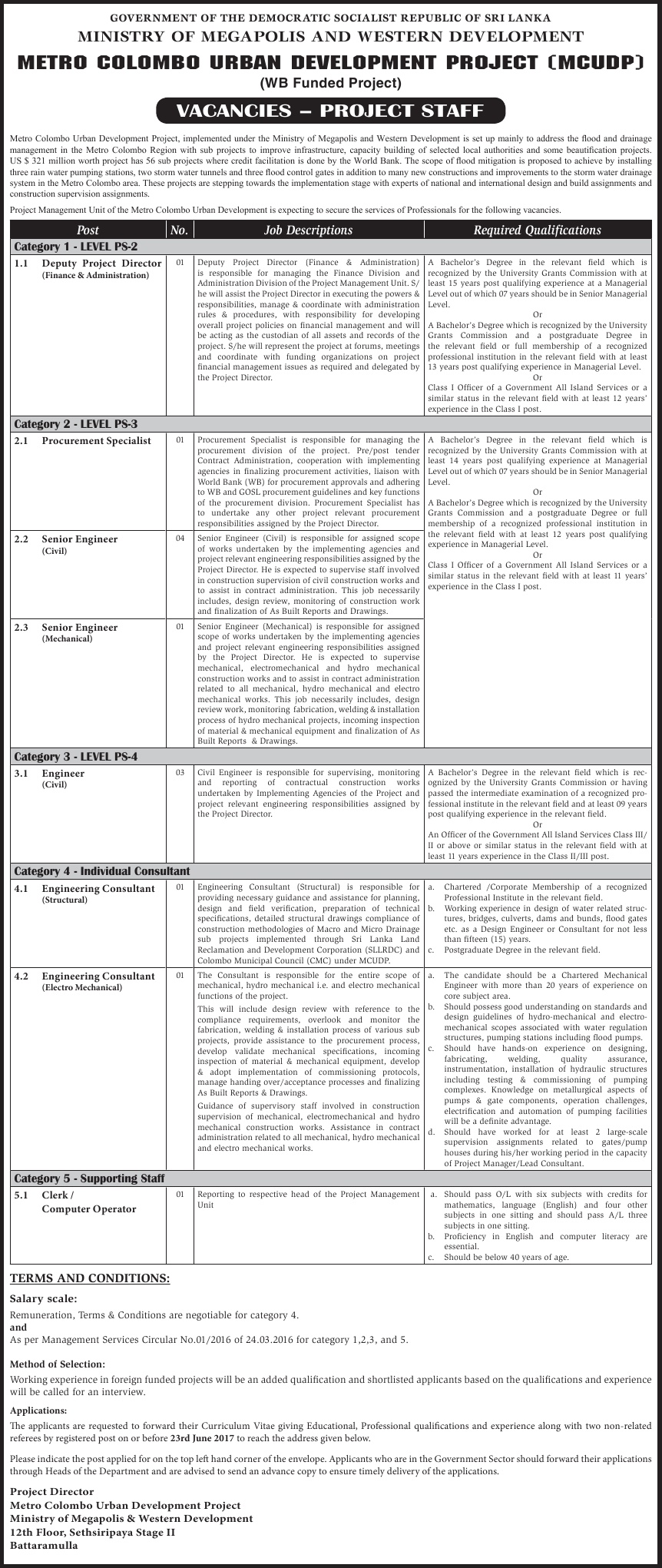 Deputy Project Director, Procurement Specialist, Senior Engineer (Civil, Mechanical), Engineer (Civil), Engineering Consultant (Structural, Electro Mechanical), Clerk / Computer Operator - Ministry Of Megapolis & Western Development